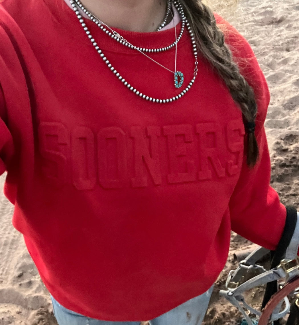 Red Sooners Embossed Crewneck