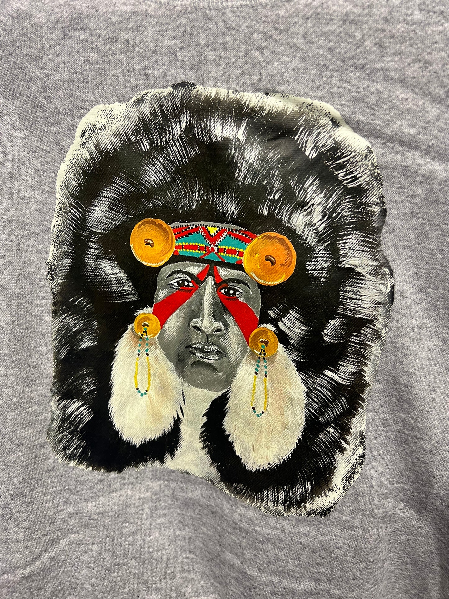 Grey Crewneck with Indian Headdress Painting