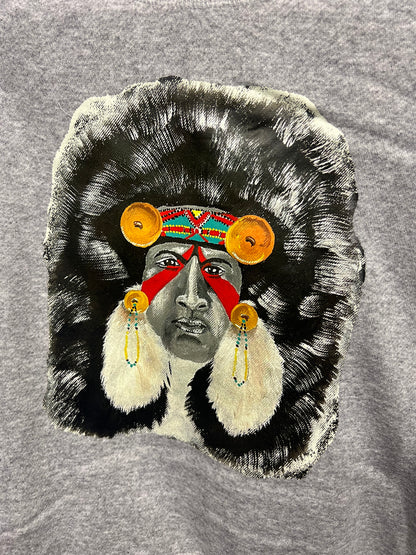 Grey Crewneck with Indian Headdress Painting