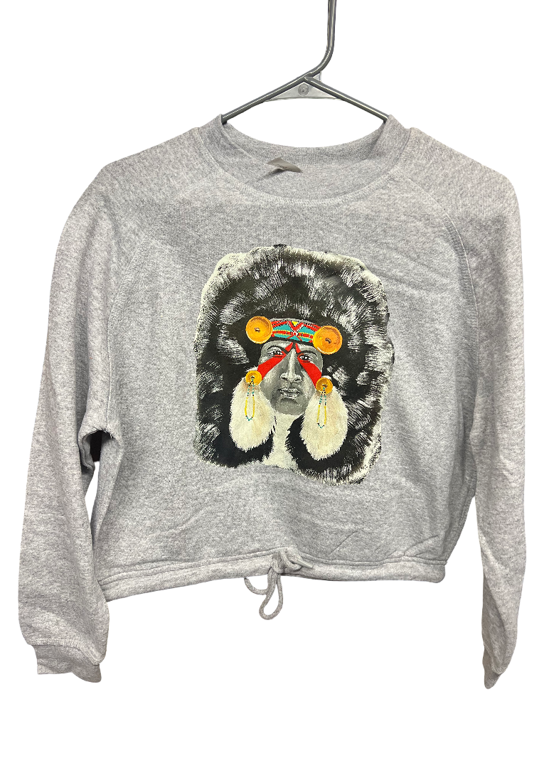Grey Crewneck with Indian Headdress Painting