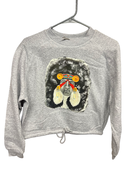 Grey Crewneck with Indian Headdress Painting