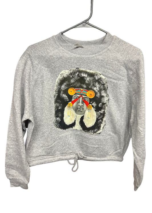 Grey Crewneck with Indian Headdress Painting