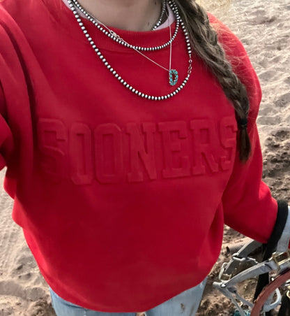Red Sooners Embossed Crewneck